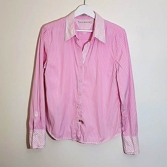 Tommy Hilfiger pink striped button down vintage 90's top size 12 - Picture 1 of 11